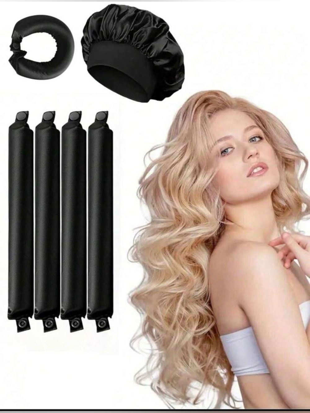 Black Overnight Heatless 4 Curl Rods with Satin Bonnet - Women Hair